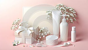 Presentation of a gift set of a cosmetic product, gift box on a pastel background with flowers