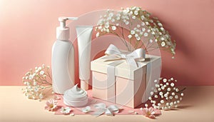 Presentation of a gift set of a cosmetic product, gift box on a pastel background with flowers