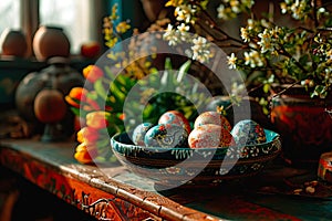 Presentation of handcrafted folk art products in an old country kitchen.