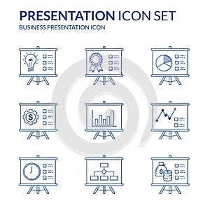 Presentation Icon set with blue doodle linear design.