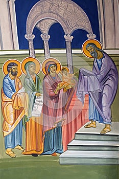 Presentation of Jesus at the Temple, fresco in the Church of Saint Paraskeva of the Balkans near Saint Naum Monastery, Ohrid