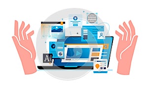 Presentation of a laptop between open arms