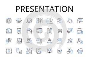 Presentation line icons collection. Performance, Demonstration, Show, Display, Lecture, Exhibit, Explanation vector and