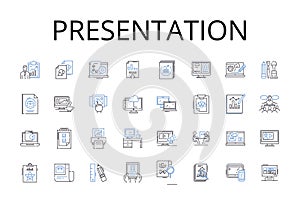 Presentation line icons collection. Performance, Demonstration, Show, Display, Lecture, Exhibit, Explanation vector and