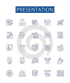 Presentation line icons signs set. Design collection of Presentation, Speech, Talk, Slideshow, Demonstration, Address