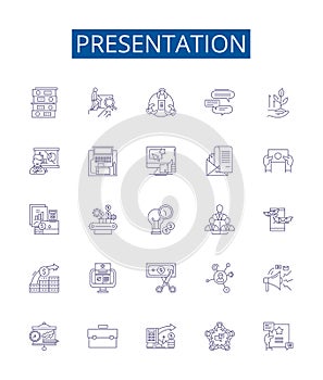 Presentation line icons signs set. Design collection of Presentation, Speech, Talk, Slideshow, Demonstration, Address