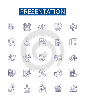 Presentation line icons signs set. Design collection of Presentation, Speech, Talk, Slideshow, Demonstration, Address