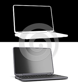 Presentation new modern laptop with white empty screan 3d render on white with alpha
