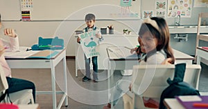 Presentation, poster for sustainability and a boy student in a classroom for eco friendly education on earth day. School