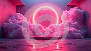 Presentation Products Podium With Circle Neon And Clouds. Neon Halo Over a Misty Podium