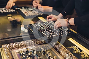 Presentation of retail showcase in jewellery store with rings