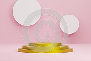 Presentation shape with round circular pedestal gold podium for product display on pink color background, stand for product