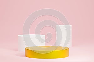 Presentation shape with round circular pedestal gold podium for product display on pink color background, stand for product