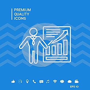 Presentation sign icon. Man standing with pointer near the infographic. Line icon.