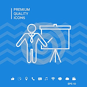 Presentation sign - line icon. Man standing with pointer near the flip chart. Blank empty billboard symbol