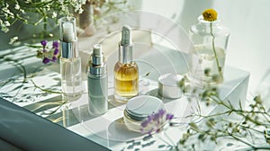 Presentation of some beauty products and bottles without brand with some thin flowers