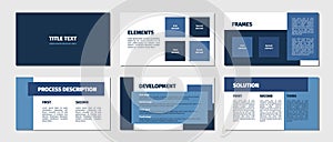 Presentation template. Blue rectangles flat design, white background. 6 slides. Process, development, solution, elements, title