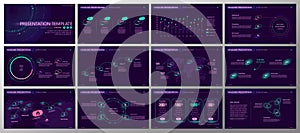 Presentation template. Gradient neon elements for slide presentations on a purple background.