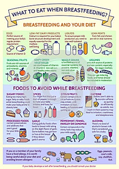 Presentation template What To Eat When Breastfeeding?Detailed vector baby child infographic.Foods to Avoid While