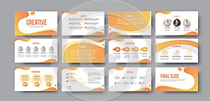 Presentation of white business template with yellow lines and orange abstract pattern, for annual report and analytics