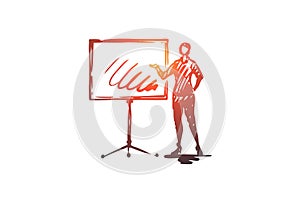 Presentation, woman, board, business, report concept. Hand drawn isolated vector.