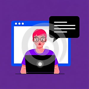 Presenter illustration showing person with laptop and speech bubble inside browser window for online learning and digital communic