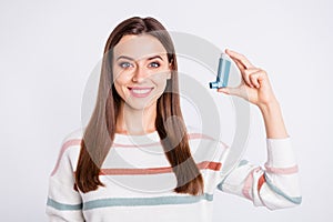 Presenting bronchospasm cartridge aerosol lady wear striped pullover isolated white background