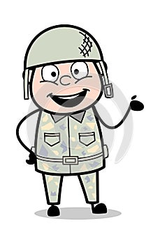 Presenting Hand Gesture - Cute Army Man Cartoon Soldier Vector Illustration