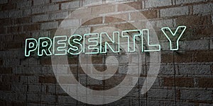 PRESENTLY - Glowing Neon Sign on stonework wall - 3D rendered royalty free stock illustration