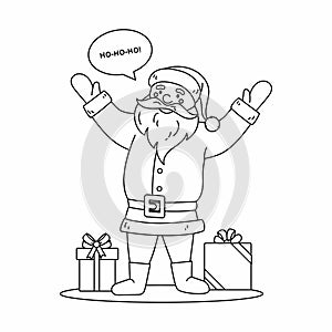 Presents and cartoon funny Santa waving hand and say Hohoho. Vector Illustration line art