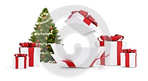 Presents for Christmas with opened christmas present and fir tree isolated on white 3d-illustration