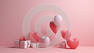 Presents, gift boxes and balloons. Happy birthday, Valentine\'s day, Anniversary concept. Empty space, for text or logo. Ai