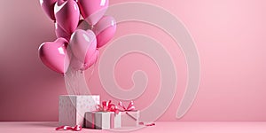 Presents, gift boxes and balloons. Happy birthday, Valentine\'s day, Anniversary concept. Empty space, for text or logo. Ai