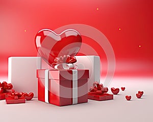 Presents with red hearts. Gift boxes. Valentine\'s day concept. Copy space for design, text or logo. Generative Ai