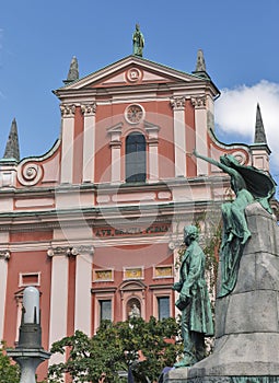 Preseren monument and Franciscan Church in Ljubljana