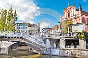 Preseren square and Franciscan Church of the Annunciation, Ljubljana, Slovenia, Europe.