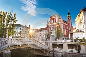 Preseren square and Franciscan Church of the Annunciation, Ljubljana, Slovenia, Europe.