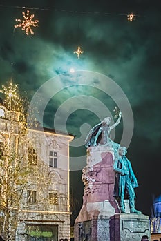 Preseren statue in december night