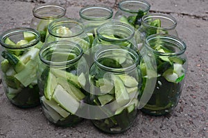 Preservation. Blanks for the winter. Marinated. Cucumbers in jars