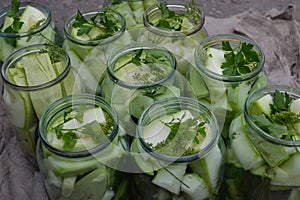 Preservation. Blanks for the winter. Marinated. Cucumbers in jars