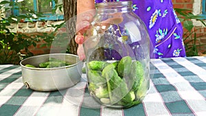 Preservation of cucumber vegetables in a glass jar.