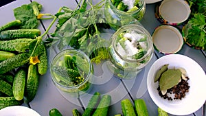 Preservation of cucumbers in jars. Selective focus.