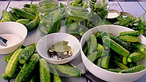 Preservation of cucumbers in jars. Selective focus.