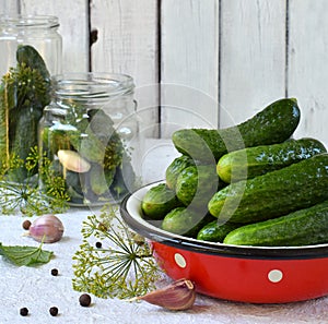 Preservation of pickling cucumber. Preparation of conservation from organic vegetables on a light background. Homemade organic cru