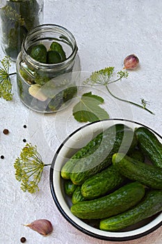 Preservation of pickling cucumber. Preparation of conservation from organic vegetables on a light background. Homemade organic cru