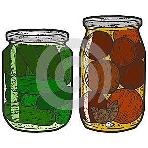 Preservation, set color. Two jars of cucumbers and tomatoes. Sketch scratch board imitation.