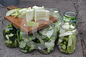 Preservation, Spice. Blanks. Marinated Cucumbers and zucchini