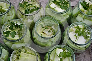 Preservation, Spice. Blanks for the winter. Marinated Cucumbers and zucchini