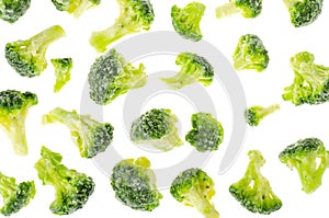 Preservation of vegetables, frozen broccoli cabbage on white background