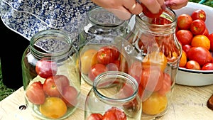 Preservations, conservation Salted pickled tomatoes in a jars on an wooden table